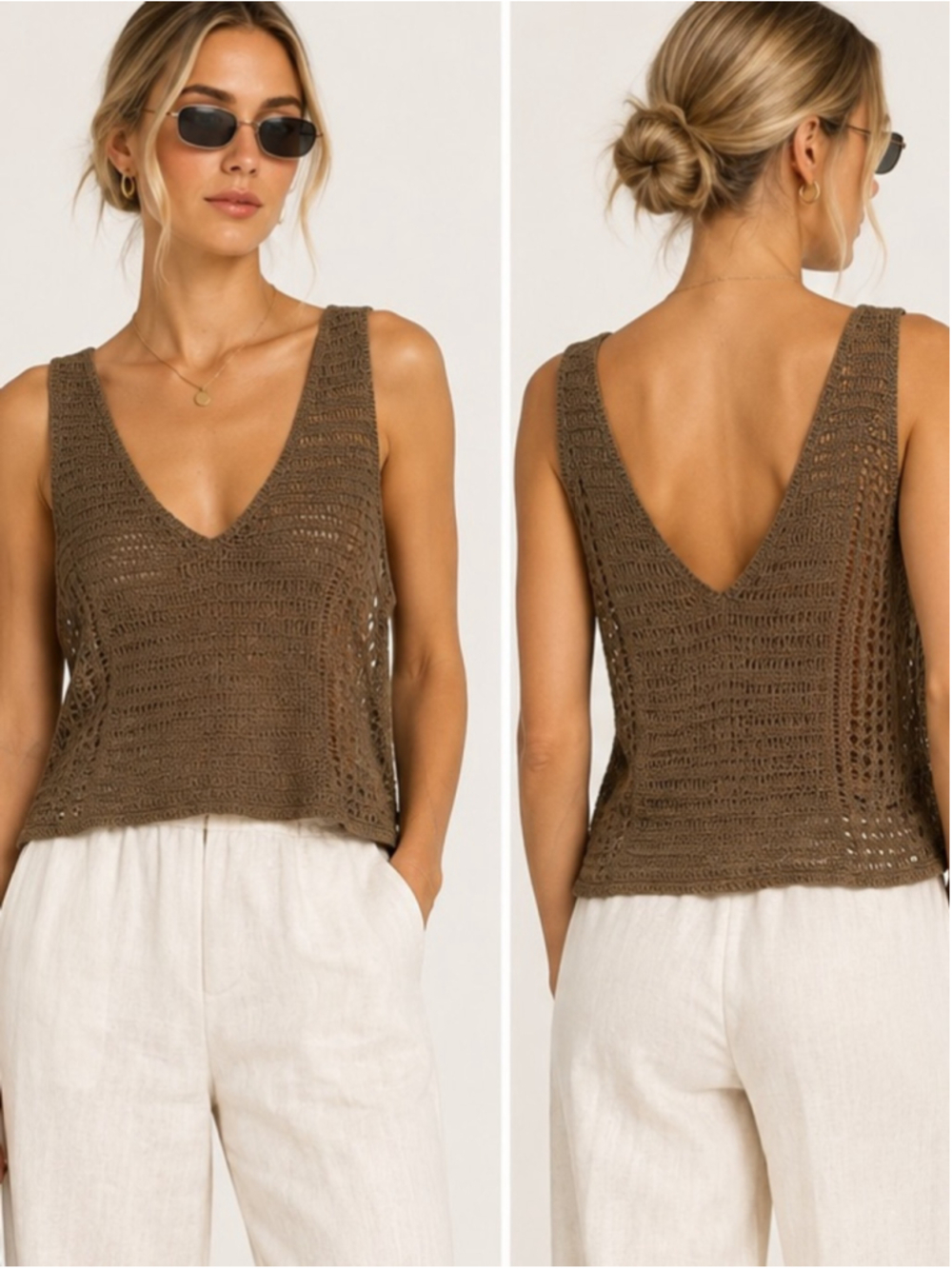 Massimo Dutti Brown Open Knit Crochet V-Neck Tank Top Size Medium